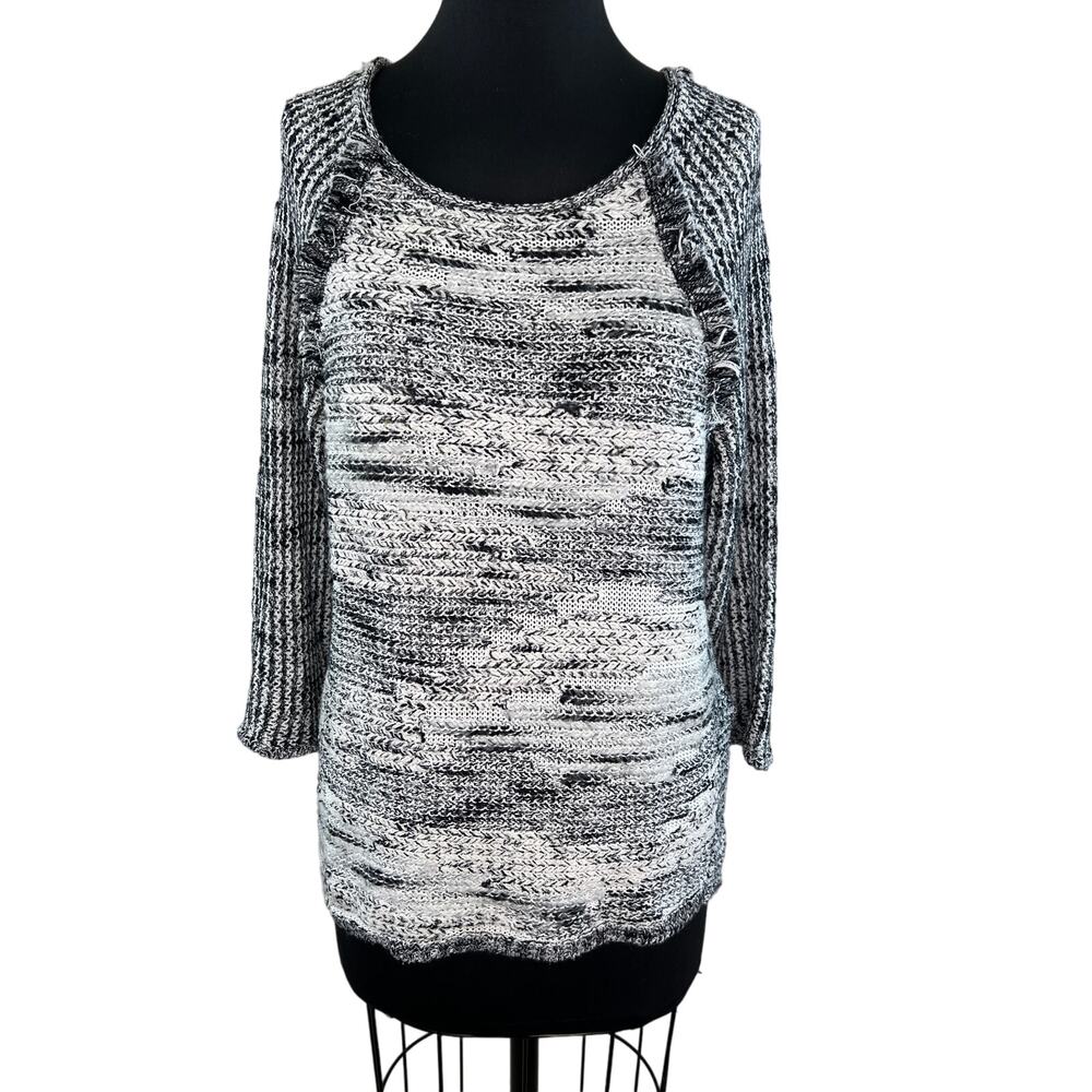 Anthropologie MOTH Black White Slub Knit 3/4 Sleeve Pullover Sweater M Medium